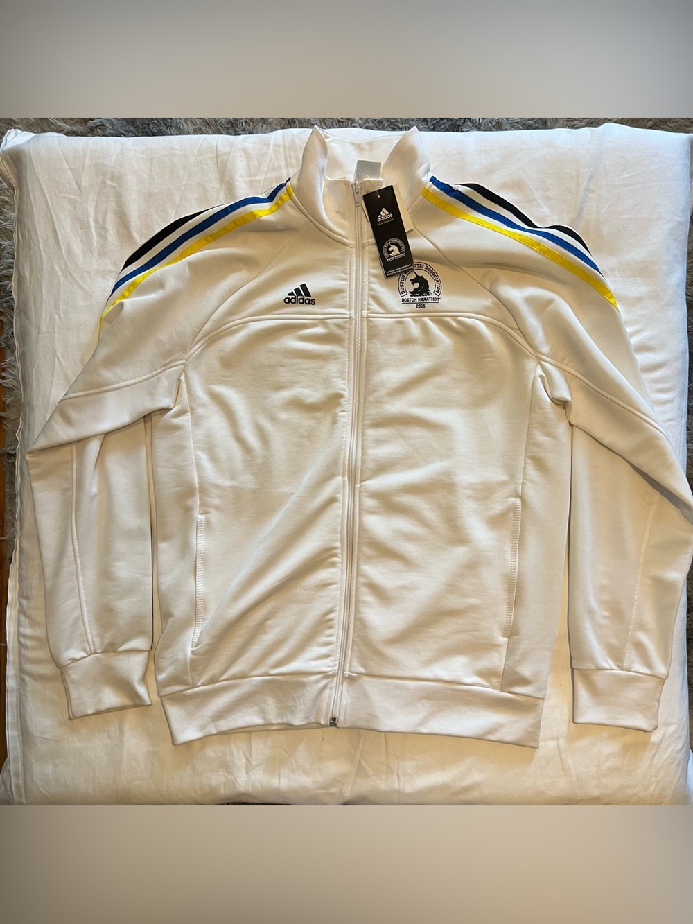 Adidas Men’s Boston Marathon 2015 White Track Jacket with Three Stripes (Large)